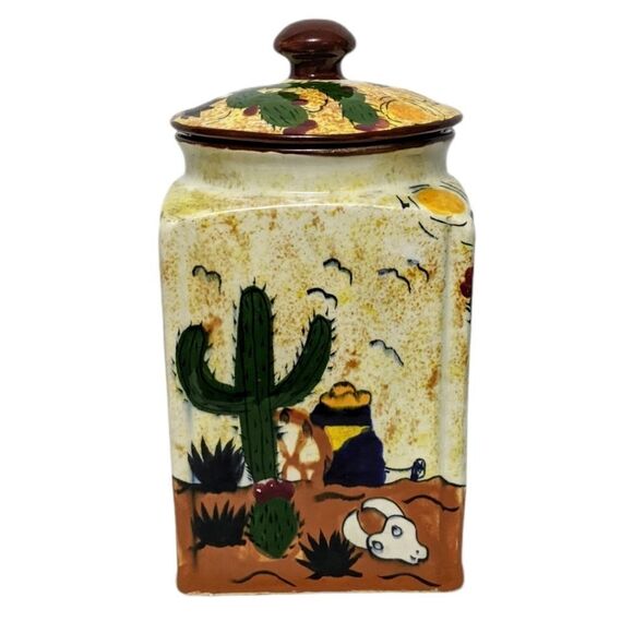 Mexican Desert Cactus Ceramic Lidded Jar Container - Picture 1 of 8